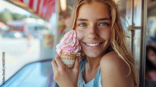 Happy Teenage Girl Selling Ice Cream from a Vibrant Street Food Truck. Generative ai.