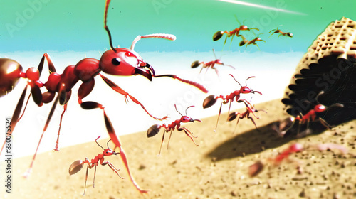Ant Antics: The Busy Life of Ant Colonies - Picture a scene where ants scurry about, building nests, foraging for food, and communicating with each other in intricate ways photo