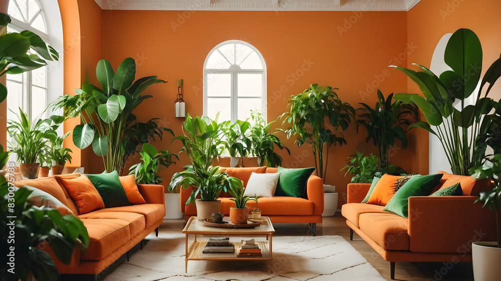 Fototapeta premium Interior of orange living room with green houseplants and sofas, Generative AI