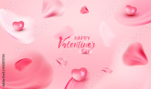 Happy Valentine's Day. Greeting love card on pink background with 3d hearts and blur petals 14 February holiday illustration.
