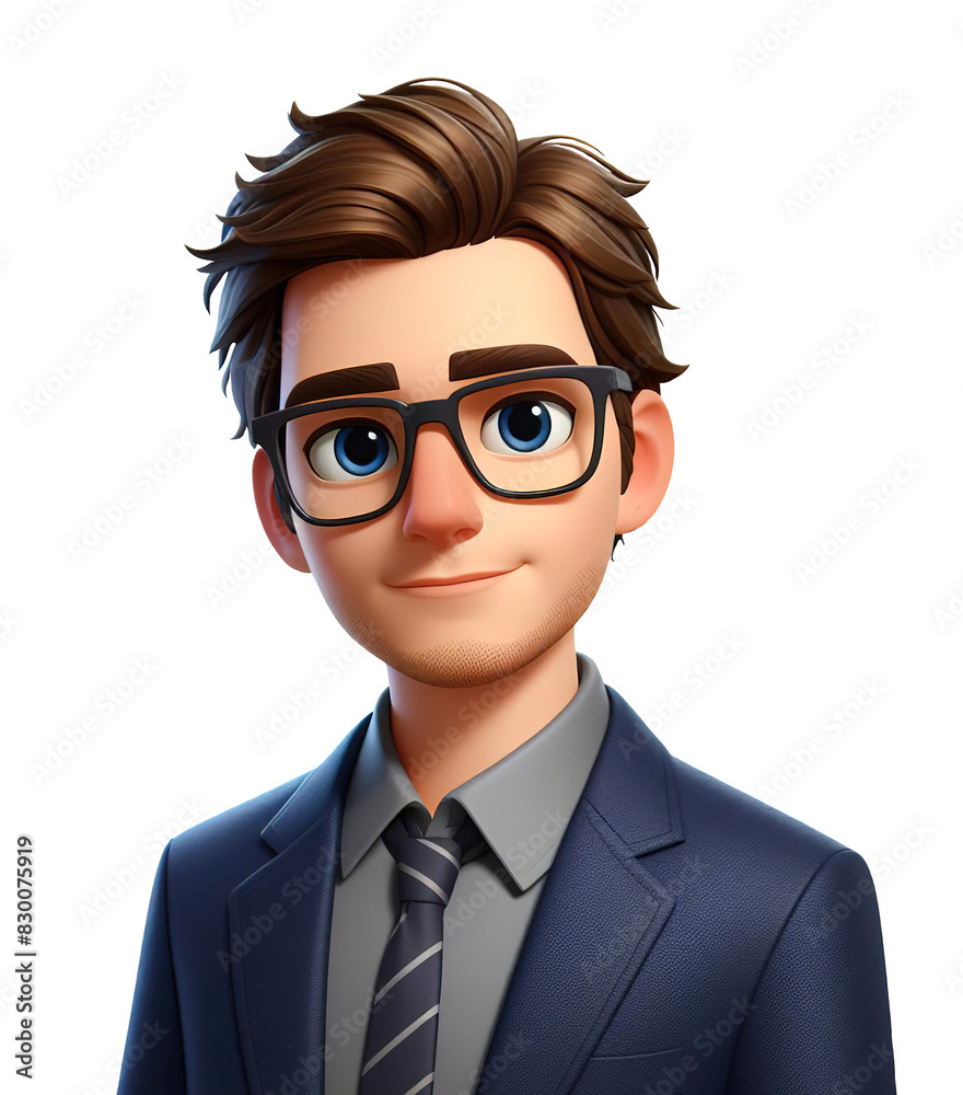 Businessman 8. Young businessman in a business suit and glasses with a good-natured smile in 3D cartoon style on a transparent background for advertising and presentations Businessman 8. Young businessman in a business suit and glasses with a good-natured smile in 3D cartoon style on a transparent background for advertising and presentations