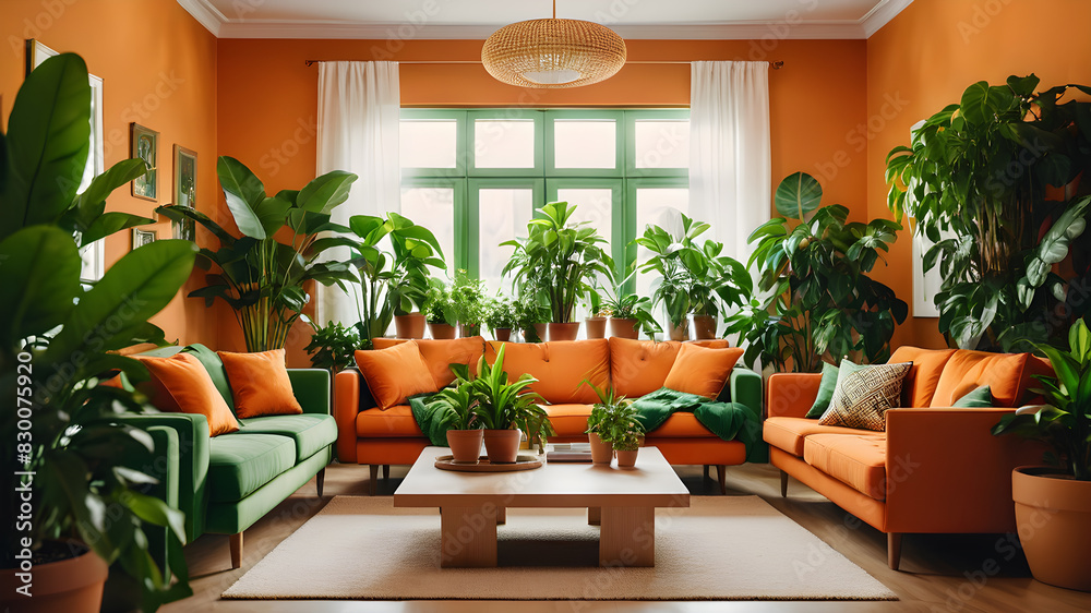 Interior of orange living room with green houseplants and sofas, Generative AI