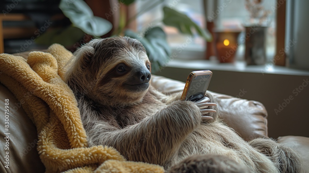 Fototapeta premium cute sloth sitting on a couch with smartphone, slow life happy carefree time concept