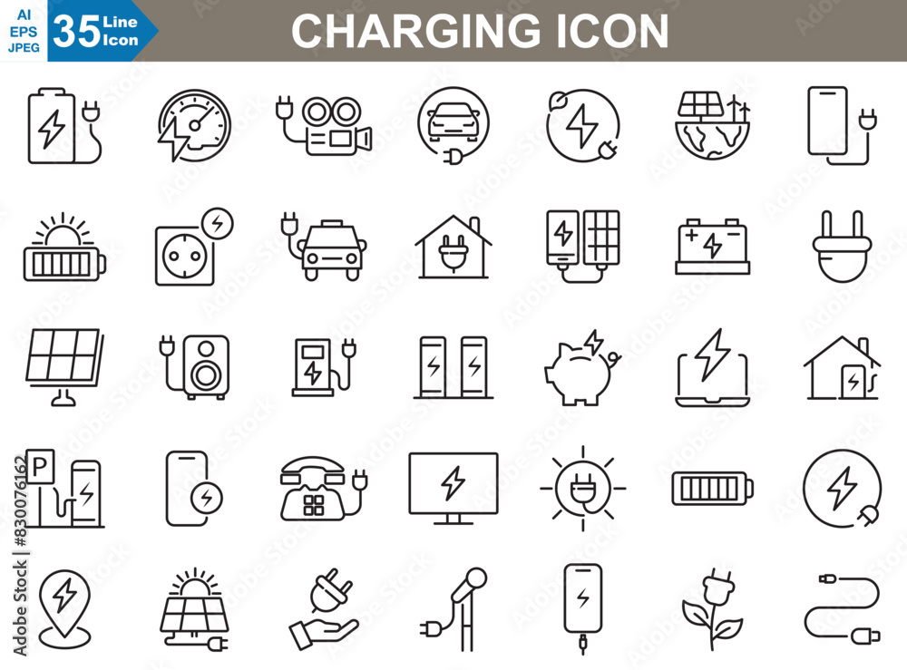 A versatile set of charging icons in vector format, ideal for digital interfaces and print. Each icon is callable and easily customisation to fit various design needs. A versatile set of charging icons in vector format, ideal for digital interfaces and print. Each icon is callable and easily customisation to fit various design needs.