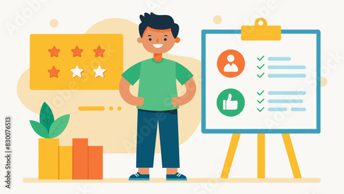 A student stands proudly next to their selfassessment board explaining to their parents their personal strengths and areas for growth.. Vector illustration