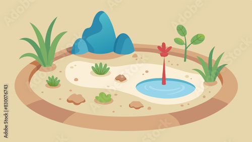 A designated area for sensory play using materials such as sand water and plants to engage all five senses and promote mindfulness through play.. Vector illustration