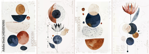 Set of four vector posters with lotus flowers, dots and circles in dark beige tones on white background, abstract art style using geometric shapes, watercolor painting in the style of cosmic patterns.