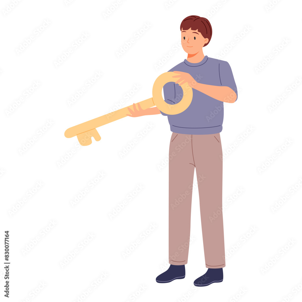 Tiny person holding big golden key to success. Concept of solving problems, finding solutions in business. Tiny person holding big golden key to success. Concept of solving problems, finding solutions in business.