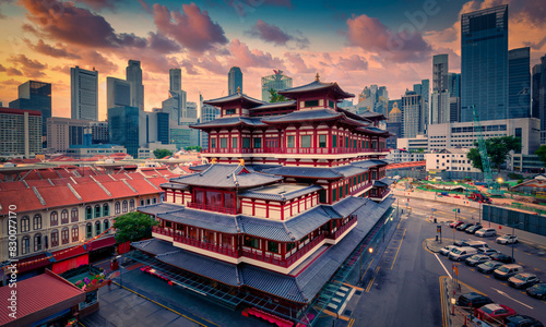 Photography Buddha Tooth Relic Temple at sunrise in China town, Singapore.