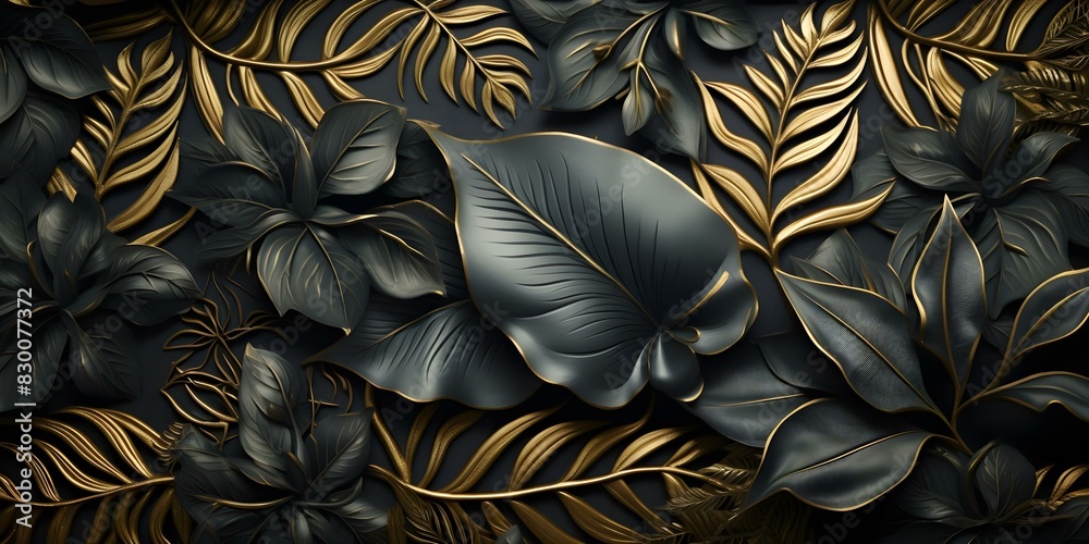 Art Deco Wallpaper With Golden Splitleaf Philodendron Plant Nature Background Design Concept 7258