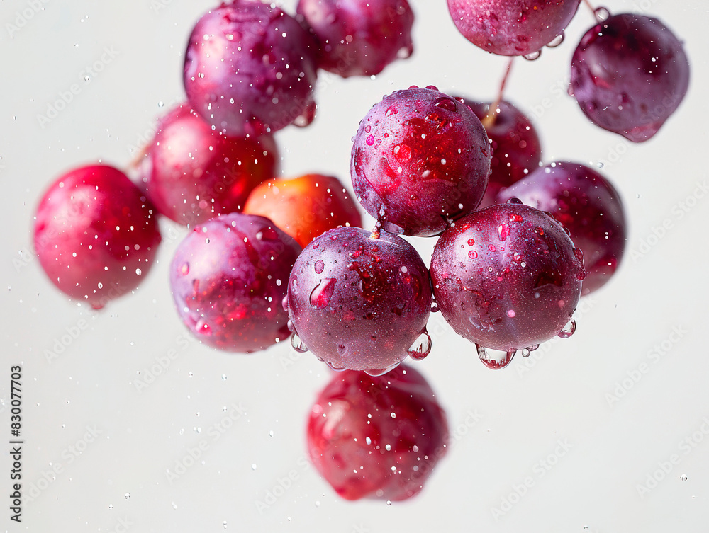 photography of PLUMS falling from the sky, hyperpop colour scheme. glossy, white background Fresh plum set isolated on white background. photography of PLUMS falling from the sky, hyperpop colour scheme. glossy, white background Fresh plum set isolated on white background.