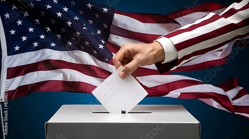 Voting for the america flag election, a hand putting a ballot paper into a ballot box on a america flag background with copy space  - 1 photo