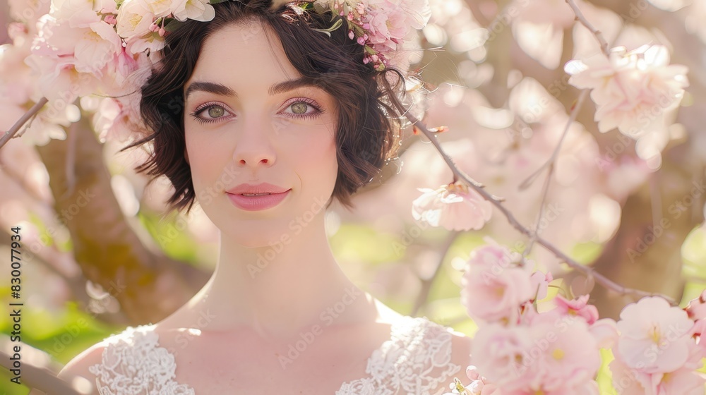 Photo of a woman with a floral crown and short dark hair, surrounded by pink cherry blossoms, in soft sunlight.