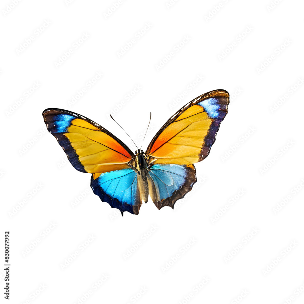 Beautiful butterfly in flight, isolated on a translucent background and colored blue, yellow Beautiful butterfly in flight, isolated on a translucent background and colored blue, yellow