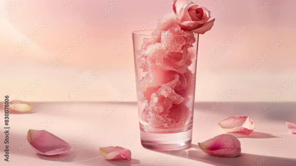 Close-up photo of a pink rose granita dessert in a glass, garnished with a rose petal. Close-up photo of a pink rose granita dessert in a glass, garnished with a rose petal.