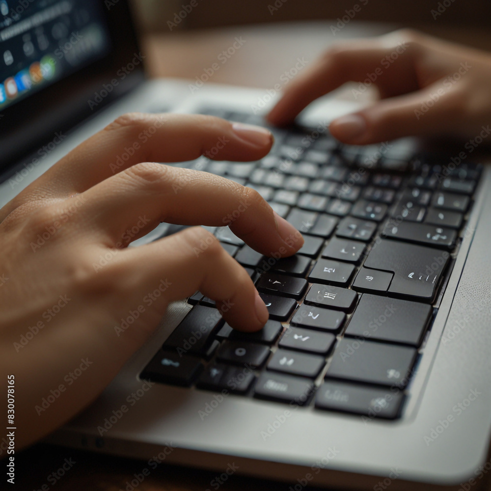 Female hand typing on keyboard of laptop Female hand typing on keyboard of laptop