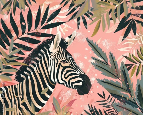 Striped beauty majestic zebra standing in vibrant jungle with pink and green leaves on head and body photo