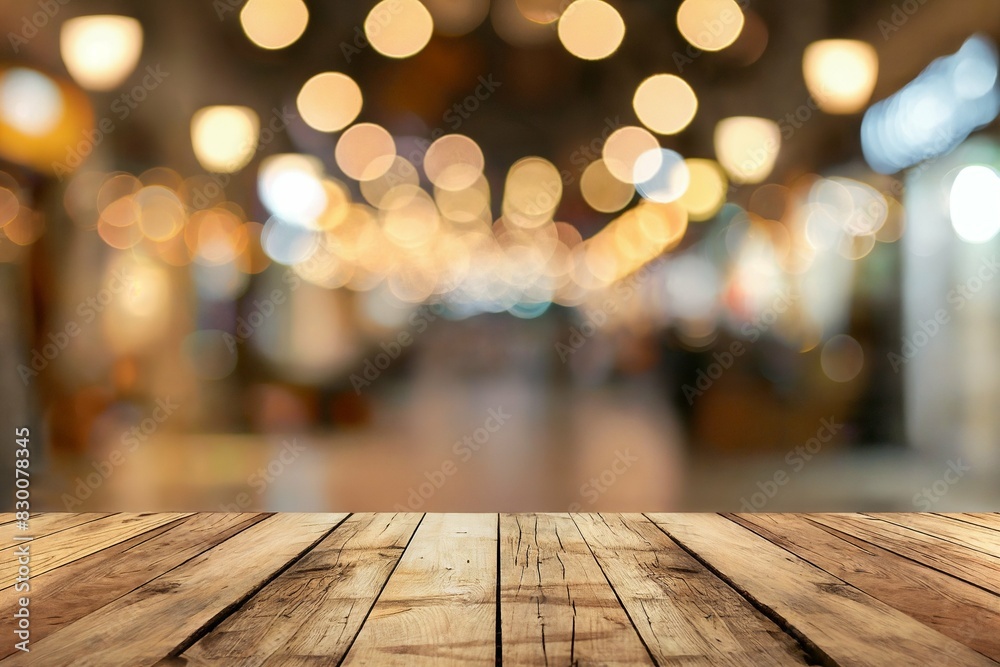 a wooden surface in sharp focus, with a blurred background suggesting an indoor space illuminated by warm, glowing lights a wooden surface in sharp focus, with a blurred background suggesting an indoor space illuminated by warm, glowing lights