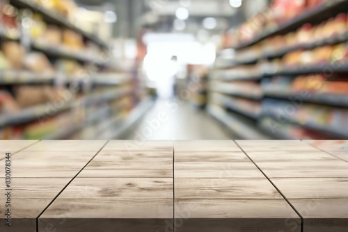 empty wooden table against a blurred background of supermarket shelves stocked with various goods