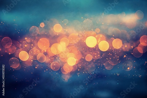 Bokeh effect of blurred lights in orange and blue hues against a dark background