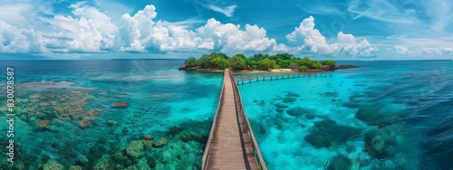 Aerial photography of beautiful tropical landscape background, summer travel and vacation concept. Nine-curved bridge wooden pier leading to the island, blue sky and white clouds, panoramic view, arti photo