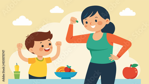 A mother praising her sons healthy eating habits and noticing how much stronger and leaner he has become.. Vector illustration