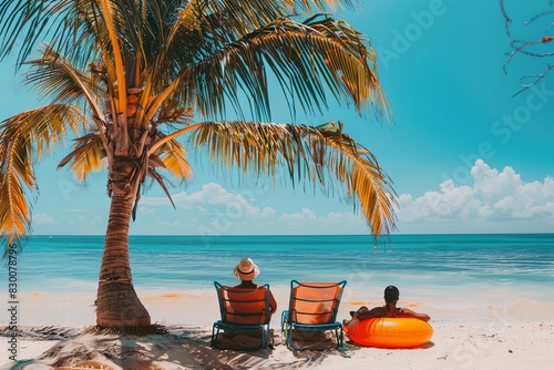 Sunny Seaside Retreat: African American couple lounging on sun loungers under palm tree on beautiful coastal beach.