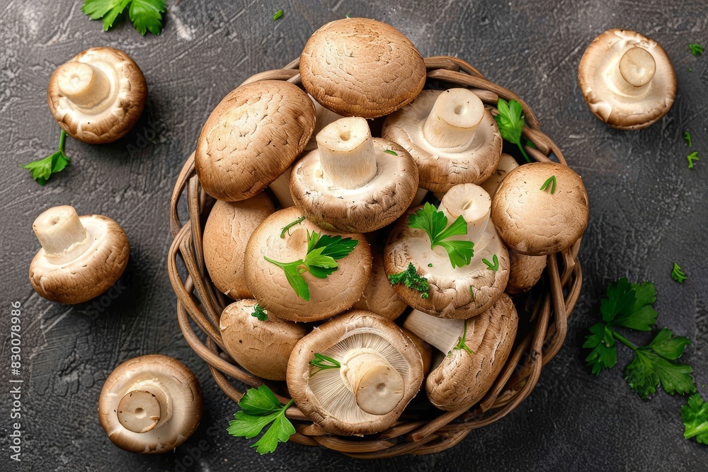 Organic mixed mushrooms in basket - fresh champignons and porcini fungi arranged from above Organic mixed mushrooms in basket - fresh champignons and porcini fungi arranged from above