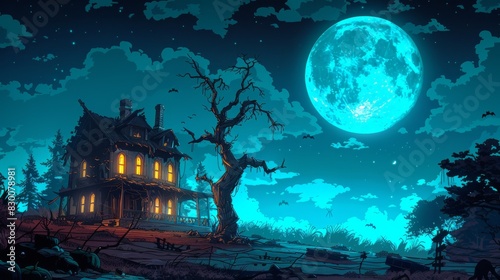 Spooky scene features a haunted house, its crooked roof silhouetted against a full moon. Eerie trees reach out like skeletal fingers, while playful ghosts add a touch of cartoon charm to the chills
