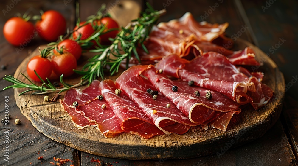 Slices of prosciutto di parma or jamon serrano (iberico) on a dark cutting board. Slices of prosciutto di parma or jamon serrano (iberico) on a dark cutting board.