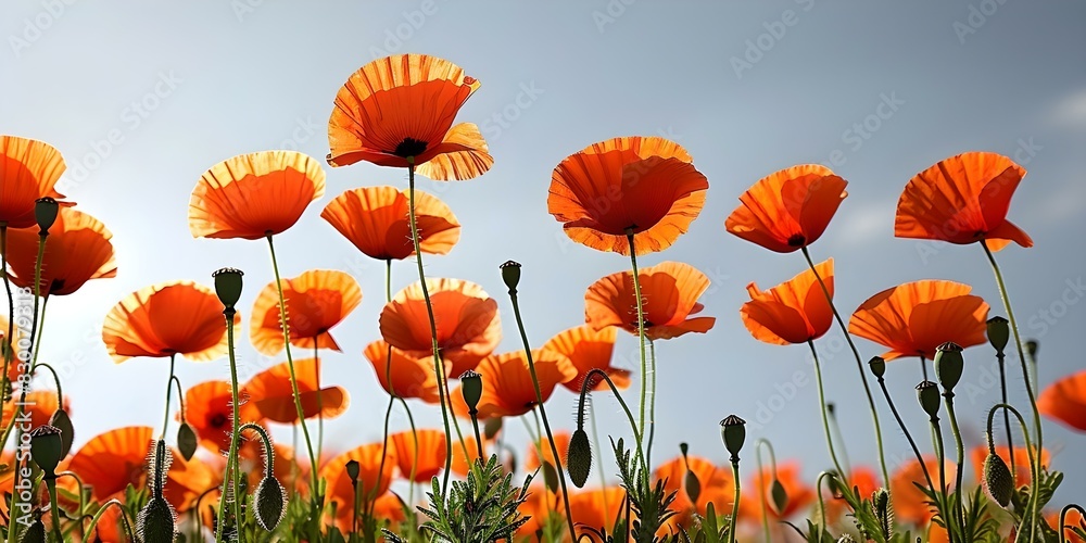 Obraz premium A meadow of poppies stretches beneath the limitless expanse of a clear blue sky a vivid contrast of fiery red blooms against the serene backdrop. Concept Landscape Photography, Nature Scenes