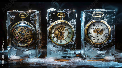 Three vintage pocket watches encased in ice blocks, symbolizing the concept of frozen time and timeless moments