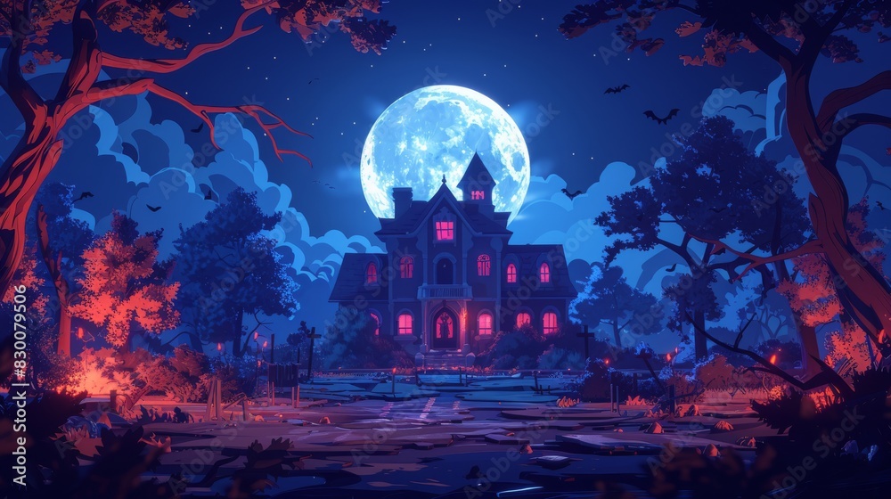 Spooky scene features a haunted house, its crooked roof silhouetted ...