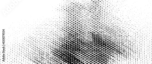 Black and white texture composed of irregular graphic elements. Distressed uneven grunge background. Abstract vector illustration. Overlay for interesting effect. Isolated on white background.