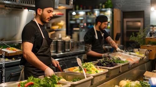 Sustainable Gastronomy in a Modern Restaurant Kitchen: Chefs Practicing Food Waste Reduction photo