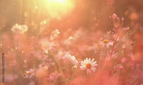 view of a sunlit field of wildflowers with a soft focus, creating a dreamy and warm atmosphere