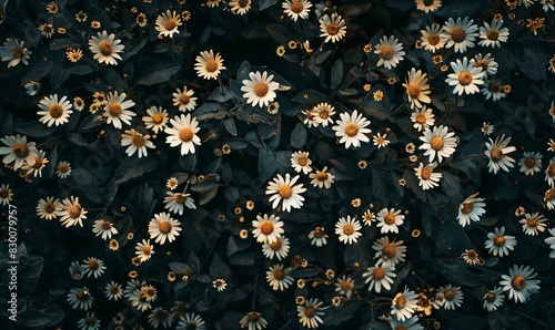 a cluster of white daisies with yellow centers scattered across dark leaves