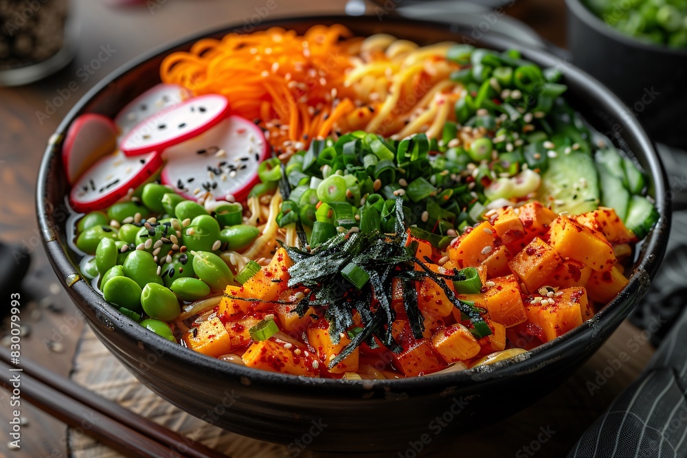 ramen dish with edamame, seaweed, sliced radish, and pickled ginger.
