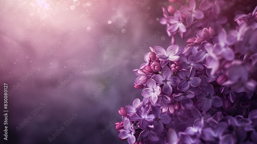 An advertising poster showcasing beautiful lilac flowers in a dreamy, soft-focus setting. An advertising poster showcasing beautiful lilac flowers in a dreamy, soft-focus setting.