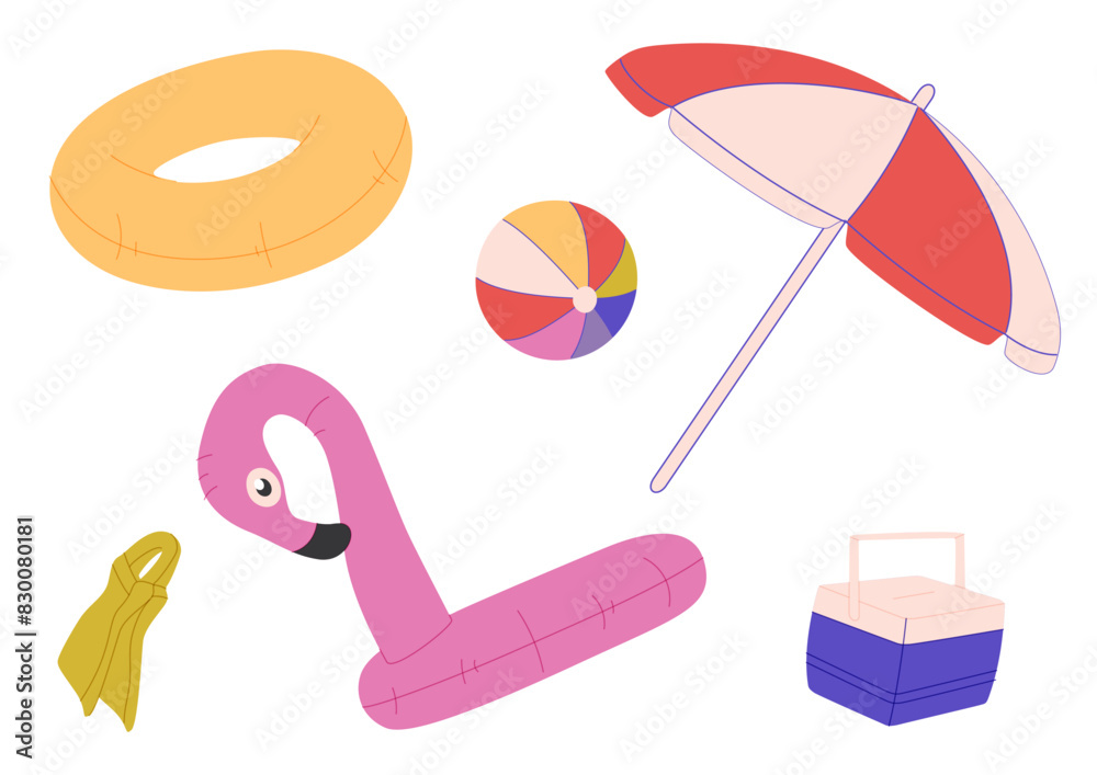 Summer beach set. Cartoon attributes of a holiday on the sea and ocean, umbrellas, inflatable rings, ball. Summer beach set. Cartoon attributes of a holiday on the sea and ocean, umbrellas, inflatable rings, ball.