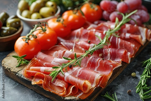 Slices of prosciutto di parma or jamon serrano (iberico) on a dark cutting board.