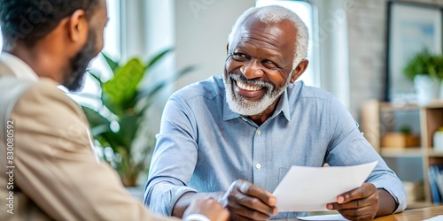 An old black man rejoices after receiving a loan from a bank. photo