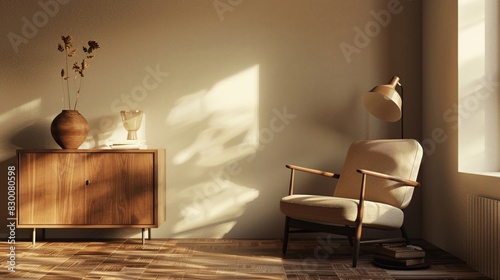 Minimalist interior featuring a plush armchair and sleek sideboard neutral color scheme modern design ambient lighting