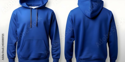 Front and back photos of plain royal blue hoodie no design or print. Concept Product photography, Plain clothing, Royal blue, Front view, Back view