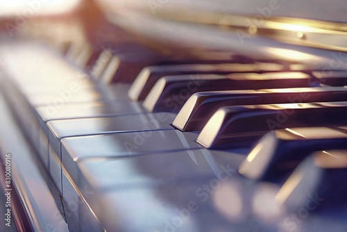 a close-up view of piano keys, emphasizing several white keys and one black key. The reflections on the surfaces highlight the elegance and beauty of music