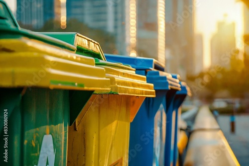 a row of colorful recycling bins with yellow lids against an urban backdrop, illuminated by warm sunlight
