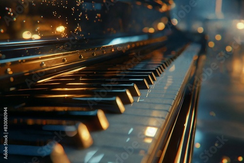 a close-up view of piano keys, illuminated by warm, golden light, creating an enchanting ambiance