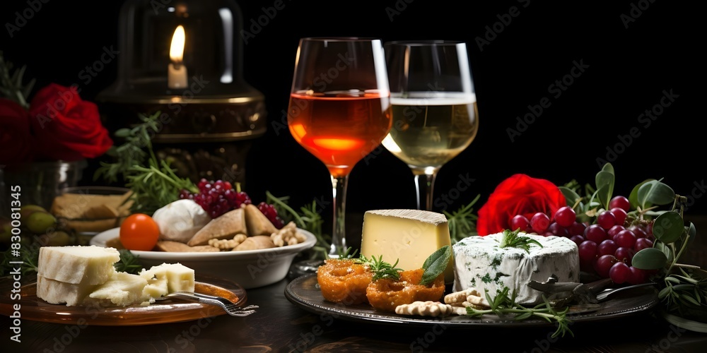 Festive table setting with food and drinks on a dark background. Concept Festive Table Decor, Food Styling, Drink Pairing, Dark Background, Dinner Party Essentials