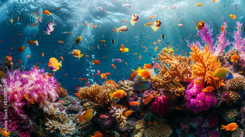 Vibrant Underwater Seascape with Colorful Coral Reefs and Tropical Fish in Ocean Waters © Dede