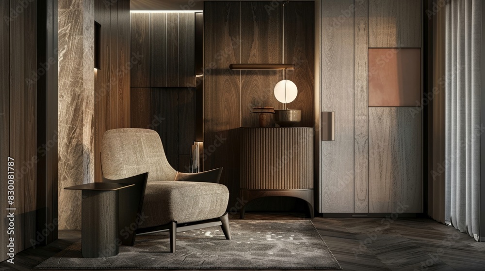Stylish living area with a plush armchair and sleek sideboard modern design neutral colors cozy feel Stylish living area with a plush armchair and sleek sideboard modern design neutral colors cozy feel